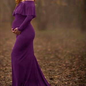 NWOT Elegant Purple Off-Shoulder Plus Size Maternity Maxi Train Dress